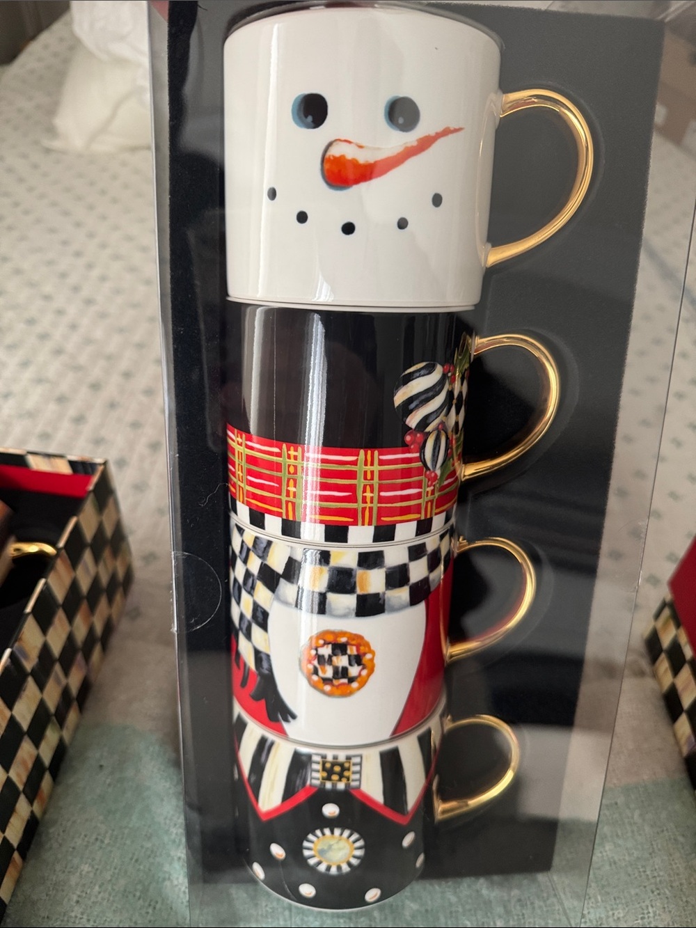 MacKenzie-Childs Stacked Snowman Mugs with Gold Handles